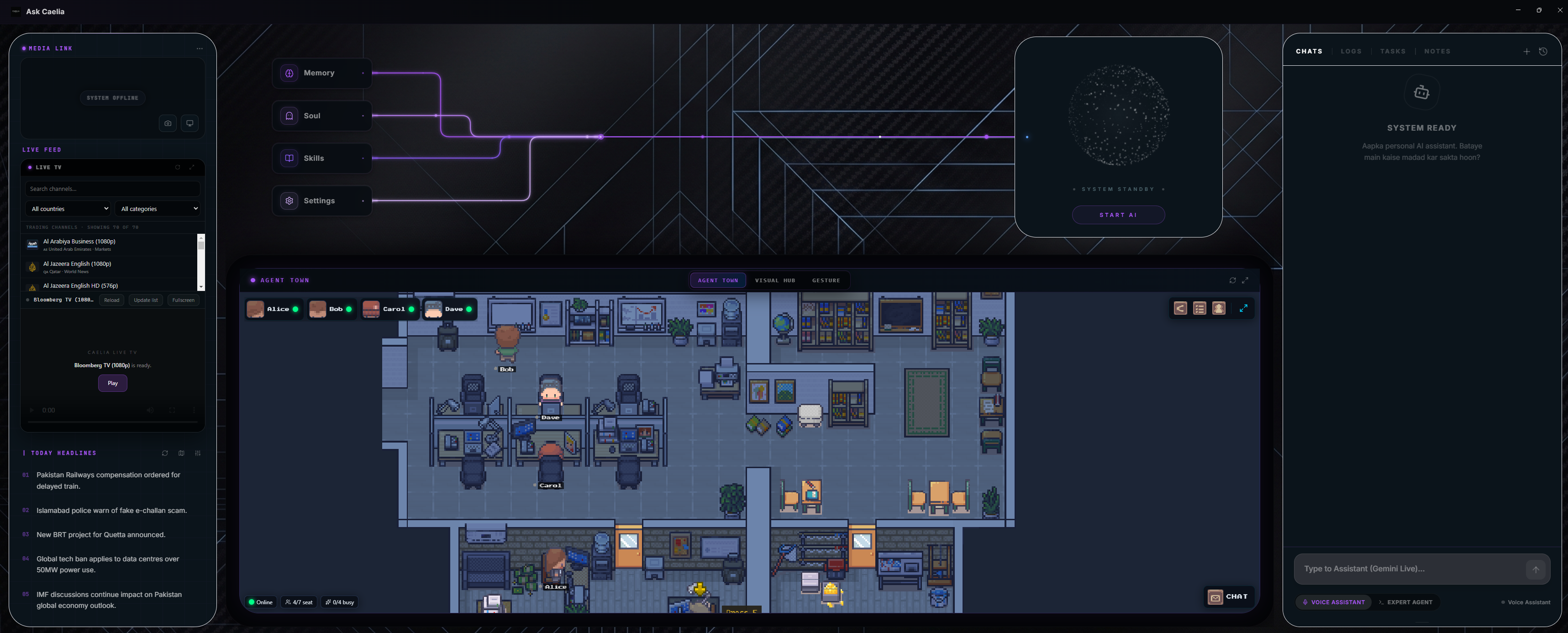 The Caelia window, showing the chat, the agent panel and the side tools together